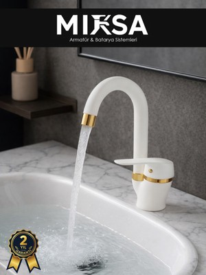 Mixsa Lüx Beyaz-Gold Baston Borulu Banyo Lavabo Bataryası, Musluğu, Çift Su Girişli