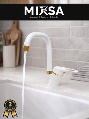 Mixsa Lüx Beyaz-Gold Köşe Borulu Banyo Lavabo Bataryası, Musluğu, Çift Su Girişli