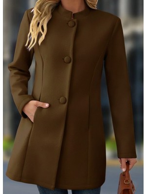 Yeşil Sarmaşık Kadın Uzun Kollu Hakim Yakalı Önden Düğmeli Cep Detaylı Kısa Taba Kaşe Kaban