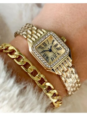 Gold Renkli Taşlı Kadın Alya Saat