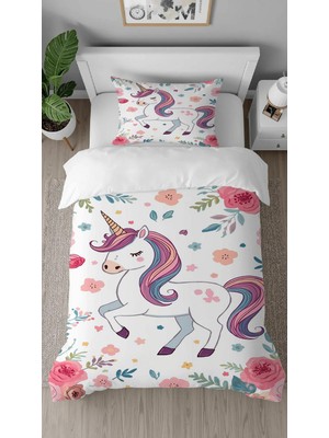 Greendecor Unicorn Çiçek Desenli Dijital Baskılı Özel Tasarım Çarşafsız Tek Kişilik Çocuk Nevresim Takımı