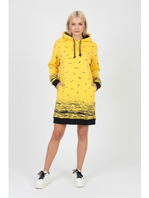 Libas Verda Kadın Sarı Martı Desenli Kapüşonlu Cepli Uzun Kollu Jakarlı Interlok Penye Sweatshirt Elbise