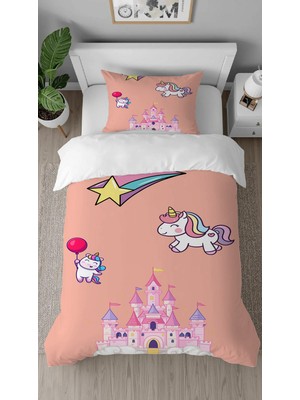 Greendecor Unicorn Yıldız Desenli Dijital Baskılı Özel Tasarım Çarşafsız Tek Kişilik Çocuk Nevresim Takımı