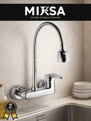 Mixsa Krom Yandan Aplik Krom Oynar Borulu Lavabo-Eviye Bataryası Çeşmesi Musluğu Çift Su Girişli