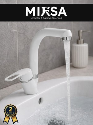 Mixsa Beyaz-Krom Balıksırtı Banyo Lavabo Bataryası, Musluğu, Çift Su Girişli