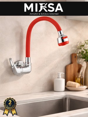 Mixsa Duvardan Tek Su Çıkışlı Pipo Kırmızı Oynar Borulu Lavabo-Eviye Bataryası Çeşmesi Musluğu