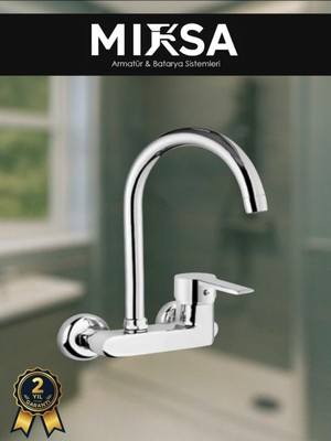 Mixsa Krom Yandan Aplik Baston Borulu Lavabo-Eviye Bataryası Çeşmesi Musluğu Çift Su Girişli