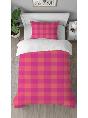 Greendecor Pembe Kare Geometrik Çizgi Desenli Baskılı Özel Tasarımlı Çarşafsız Tarz Şık Çocuk Nevresim Takım