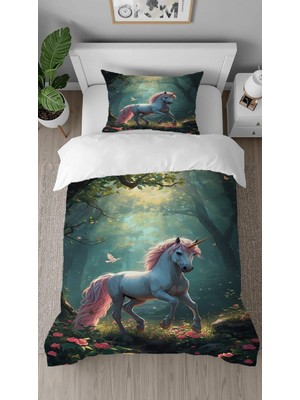 Greendecor Unicorn Orman Desenli Dijital Baskılı Özel Tasarım Çarşafsız Tek Kişilik Çocuk Nevresim Takımı