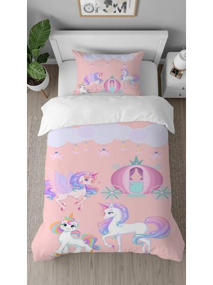 Greendecor Sevimli Unicorn Deseneli Dijital Baskılı Özel Tasarım Çarşafsız Tek Kişilik Çocuk Nevresim Takımı