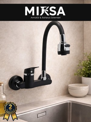 Mixsa Siyah Yandan Aplik Siyah Oynar Borulu Lavabo-Eviye Bataryası Çeşmesi Musluğu Çift Su Girişli