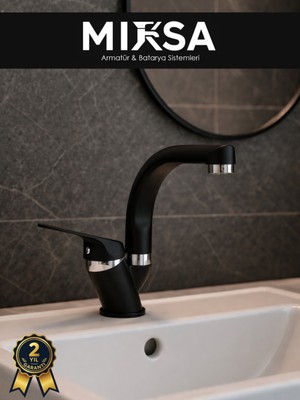 Mixsa Siyah-Krom Balıksırtı Borulu Banyo Lavabo Bataryası, Musluğu, Çift Su Girişli