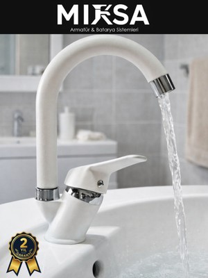 Mixsa Beyaz-Krom Baston Borulu Banyo Lavabo Bataryası, Musluğu, Çift Su Girişli