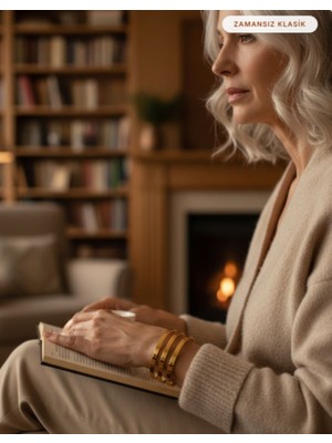 Lia Charm Çelik Gold Detaylı 3’lü Kalın Düz Ajda Bilezik 6.5 mm 22 cm Paslanmaz Çelik Kadın Bilezik Seti