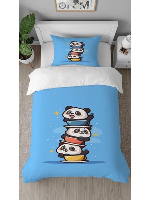 Greendecor Sevimli Panda Desenli Dijital Baskılı Özel Tasarım Çarşafsız Tek Kişilik Şık Çocuk Nevresim Takımı