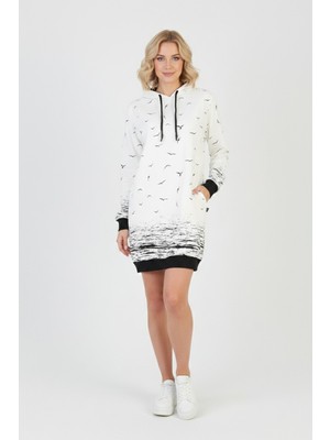 Libas Verda Kadın Beyaz Martı Desenli Kapüşonlu Cepli Uzun Kollu Jakarlı Interlok Penye Sweatshirt Elbise