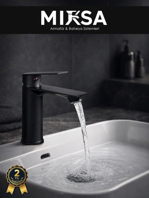 Mixsa Siyah Sabit Gövde Lüx Banyo Lavabo Musluğu Bataryası