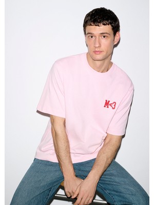 Mavi M Kalp Baskılı Pembe Tişört 0613252-91467