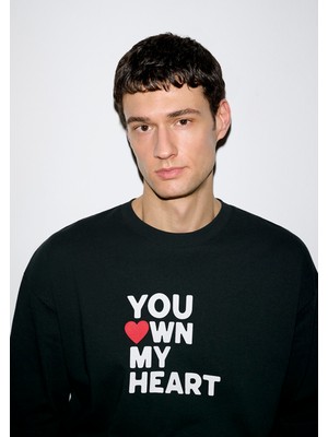 Mavi You Own My Heart Baskılı Siyah Tişört 0613253-71379