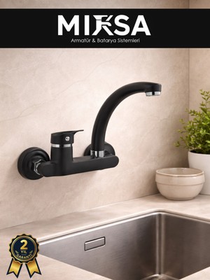 Mixsa Siyah Yandan Aplik Kuğu Borulu Lavabo-Eviye Bataryası Çeşmesi Musluğu Çift Su Girişli