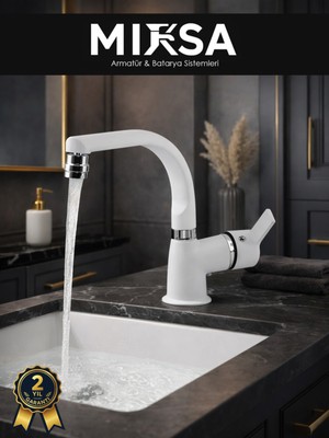 Mixsa Beyaz-Krom Armut Balıksrıtı Borulu Oynar Başlıklı Perlatörlü Banyo Lavabo Bataryası, Çiftsugirişli