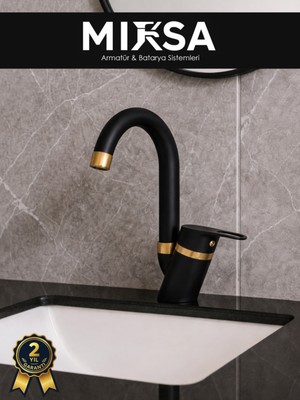 Mixsa Lüx Siyah-Gold Baston Borulu Banyo Lavabo Bataryası, Musluğu, Çift Su Girişli