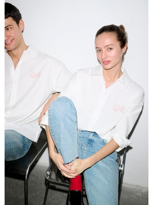 Mavi M Kalp Işlemeli Beyaz Gömlek 0211917-620