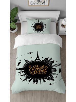 Greendecor Dünya Gezisi Time To Travel Desenli Dijital Baskılı Özel Tasarım Çarşafsız Çocuk Nevresim Takımı