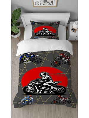 Greendecor Motosiklet Motor Desenli Dijital Baskılı Özel Tasarım Çarşafsız Tek Kişilik Çocuk Nevresim Takımı