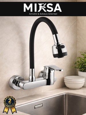 Mixsa Krom Yandan Aplik Siyah Oynar Borulu Lavabo-Eviye Bataryası Çeşmesi Musluğu Çift Su Girişli