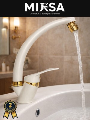 Mixsa Lüx Beyaz-Gold Kuğu Borulu Oynar Başlıklı Perlatörlü Mutfak Eviye Bataryası, Çiftsugirişli