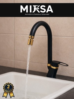 Mixsa Lüx Siyah-Gold Baston Borulu Oynar Başlıklı Perlatörlü Banyo Lavabo Bataryası, Çiftsugirişli