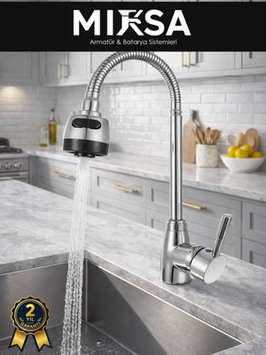 Mixsa Krom Kubar Oynar Borulu Fonksiyonlu Mutfak Eviye Bataryası, Musluğu, Çeşmesi Çift Su Girişli
