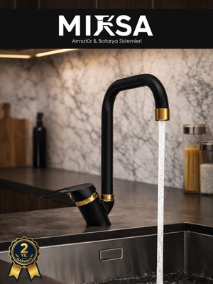 Mixsa Lüx Siyah-Gold Köşe Borulu Mutfak Eviye Bataryası, Musluğu, Çeşmesi Çift Su Girişli