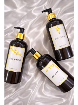 3'lü Amber Sakura Çiçekli Gold Başlıklı Şampuan,duş Jeli ve Saç Kremi Etiketli 500 ml Plastik Şişe