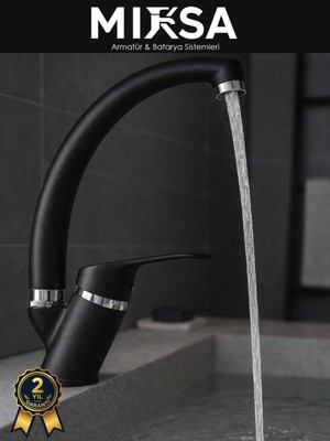 Mixsa Siyah-Krom Mix Kuğu Banyo Lavabo Bataryası, Musluğu, Çeşmesi Çift Su Girişli