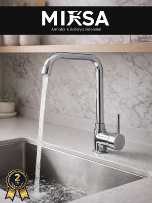 Mixsa Armut Köşe Borulu Mutfak Eviye Bataryası Çeşmesi Musluğu Çift Su Girişli