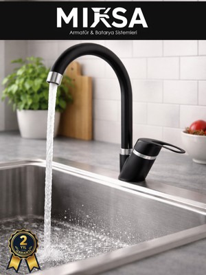 Mixsa Siyah-Krom Baston Borulu Mutfak Eviye Bataryası, Musluğu, Çeşmesi Çift Su Girişli