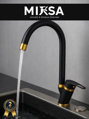 Mixsa Lüx Siyah-Gold Baston Borulu Mutfak Eviye Bataryası, Musluğu, Çeşmesi Çift Su Girişli