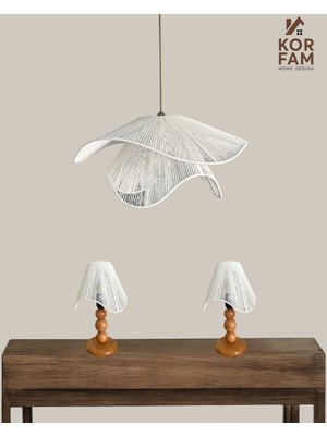 KorFam BREEZE Modeli - Avize & Abajur Set - Hasır El Yapımı Bohem Avize 2'li Ahşap Ayaklı Rustik Abajur Set - Beyaz