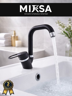 Mixsa Siyah-Krom Köşe Borulu Banyo Lavabo Bataryası, Musluğu, Çeşmesi Çift Su Girişli
