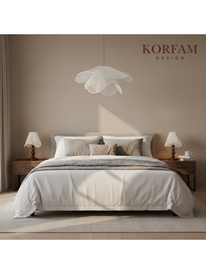 KorFam BREEZE Modeli Beyaz Avize & Abajur Set - Hasır El Yapımı Bohem Avize 2'li Ahşap Ayaklı Rustik Abajur Set