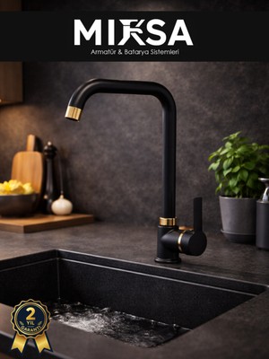 Mixsa Lüx Siyah-Gold Armut Köşe Borulu Mutfak Eviye Bataryası, Musluğu, Çeşmesi Çift Su Girişli