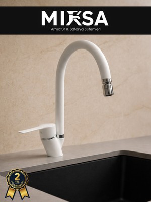 Mixsa Beyaz-Krom Baston Borulu Oynar Başlıklı Perlatörlü Mutfak Eviye Bataryası, Çiftsugirişli