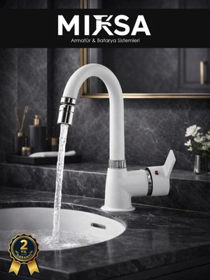 Mixsa Beyaz-Krom Armut Baston Borulu Oynar Başlıklı Perlatörlü Banyo Lavabo Bataryası, Çiftsugirişli