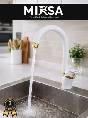 Mixsa Lüx Beyaz-Gold Baston Borulu Mutfak Eviye Bataryası, Musluğu, Çeşmesi Çift Su Girişli