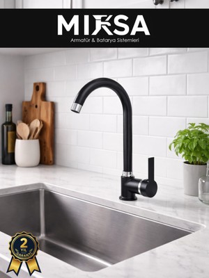 Mixsa Siyah-Krom Armut Baston Borulu Mutfak Eviye Bataryası Çeşmesi Musluğu Çift Su Girişli