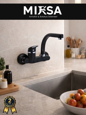 Mixsa Siyah Yandan Aplik Balıksırtı Borulu Lavabo-Eviye Bataryası Çeşmesi Musluğu Çift Su Girişli