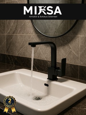 Mixsa Lüx Siyah Kare Lavabo Bataryası, Musluğu, Ağır Gövde Kaliteli