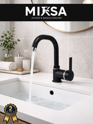Mixsa Siyah-Krom Armut Köşe Borulu Banyo Lavabo Bataryası Çeşmesi Musluğu Çift Su Girişli